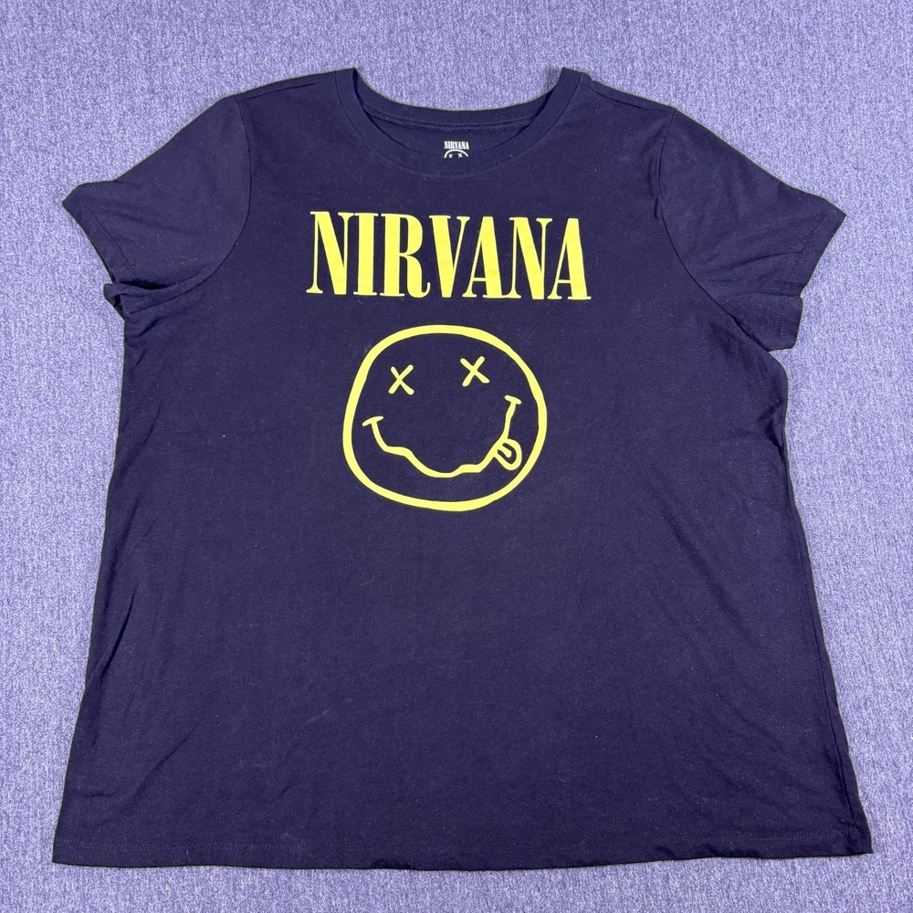 Nirvana Smiley Face Graphic Cap Sleeve T-Shirt Womens Size 2 Blue Cotton Blend